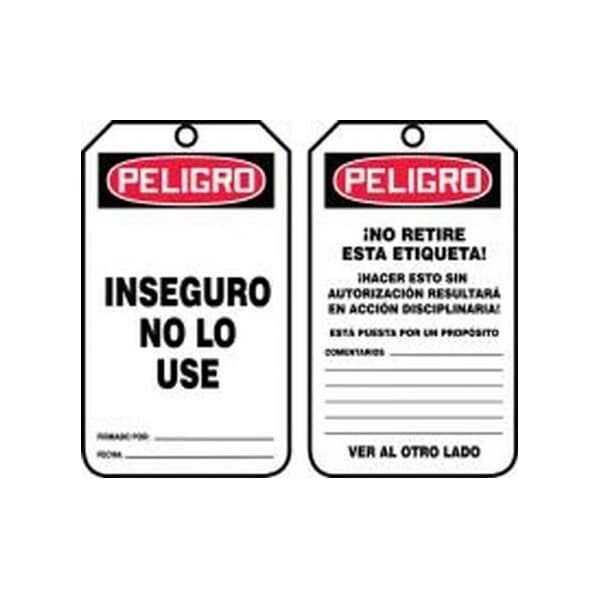 Accuform Spanish Safety Tags, DANGER UNSAFE DO NOT USE, 5.75in x 3.25in, HS-Laminate, 25PK SHMDT126LTP - main